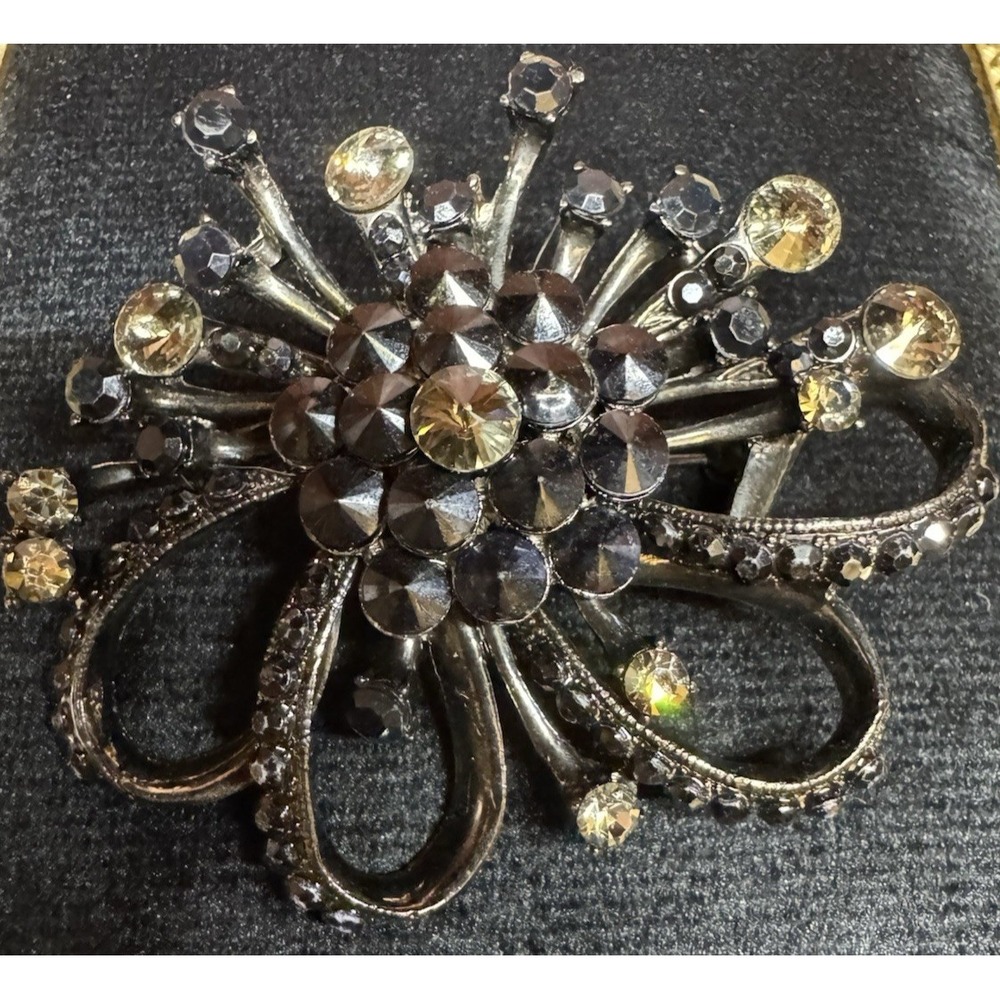 Vintage Rhinestone Starburst Flower Statement Brooch Black Champagne